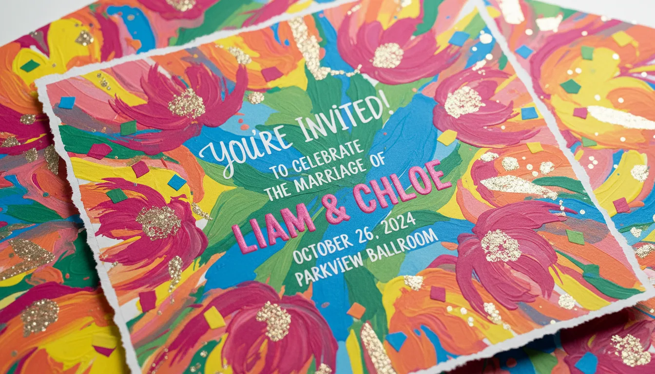 Close-up view of a unique wedding invitation with artistic design