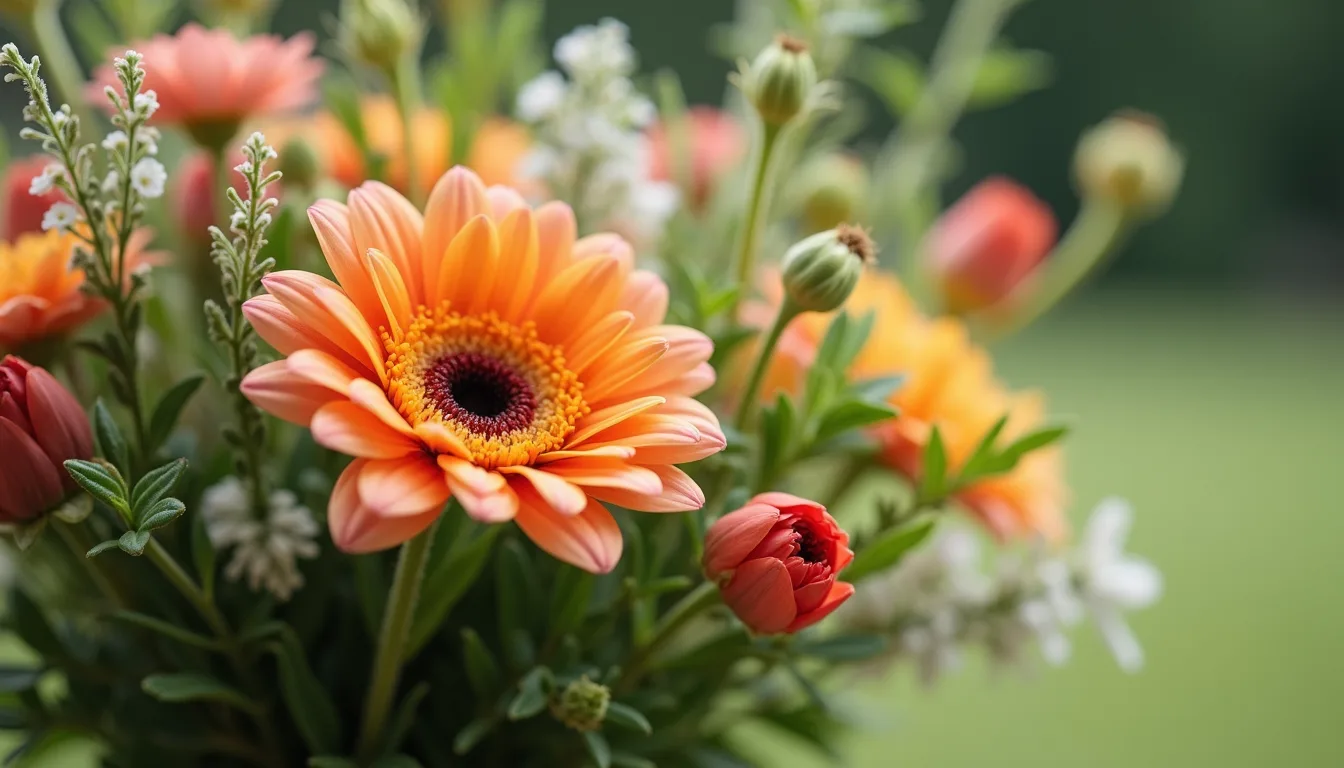 Close-up view of a summer wedding bouquet with bright flowers and greenery