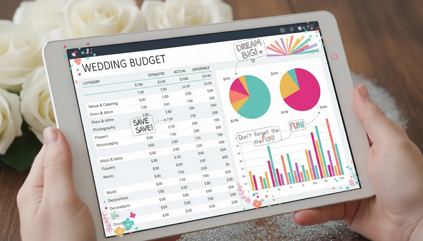 Close-up view of a wedding budget spreadsheet with colorful charts and notes