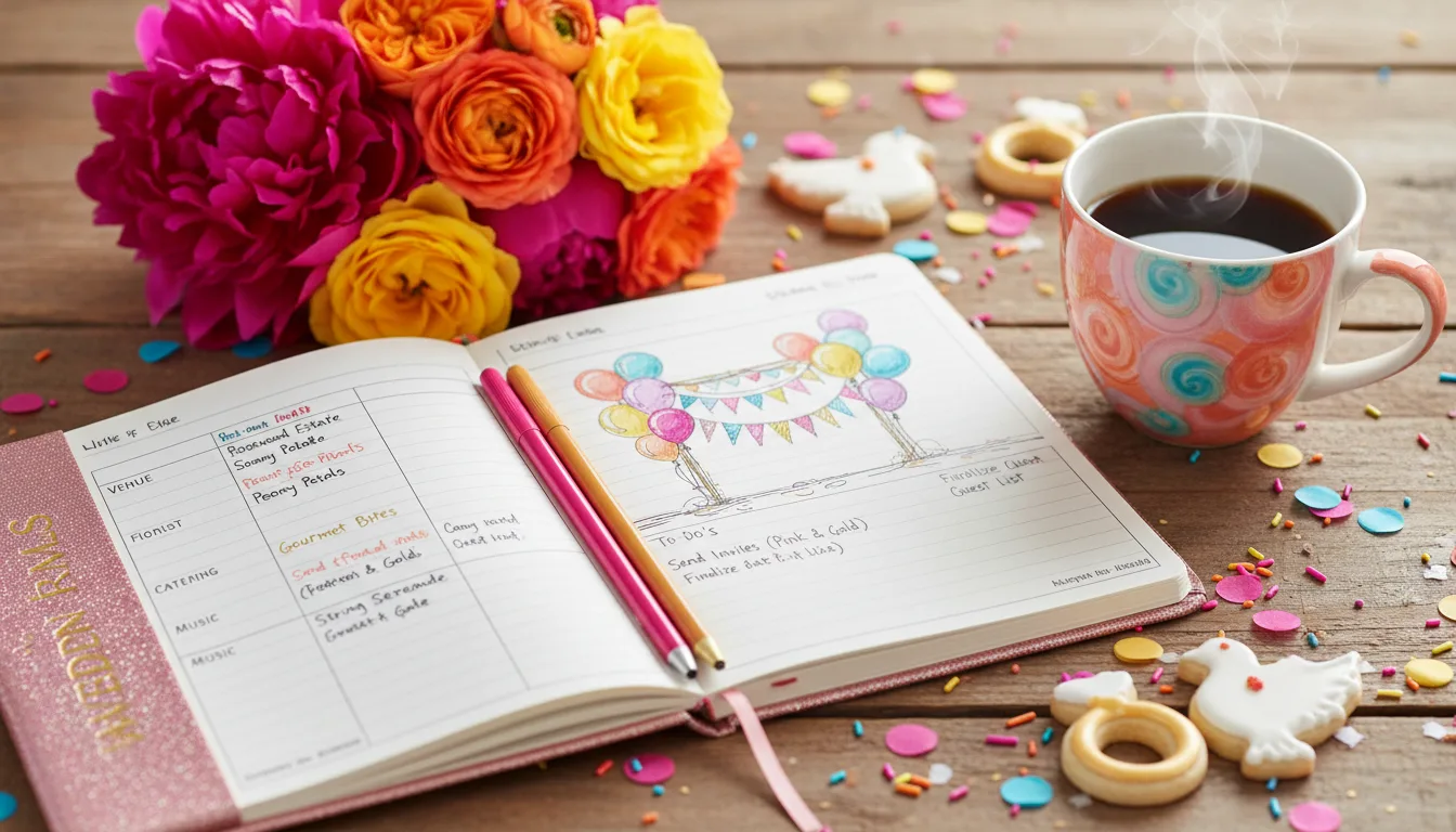 Close-up view of a wedding planner’s notebook with handwritten notes and a coffee cup
