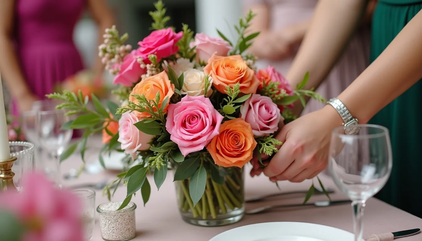 Close-up view of a designer’s hands arranging floral centerpiece on a wedding table