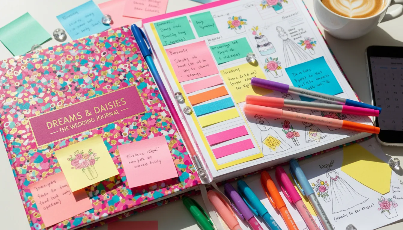 Close-up view of a wedding planner notebook with colorful pens and notes