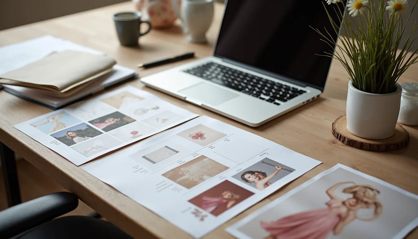 High angle view of a wedding planner’s desk with mood boards, fabric swatches, and a laptop