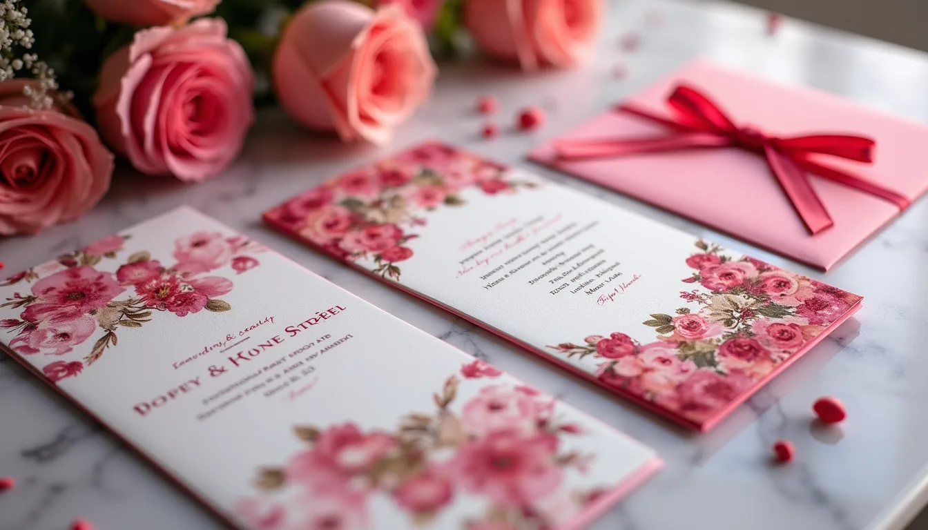 High angle view of elegant wedding invitation suite on marble table