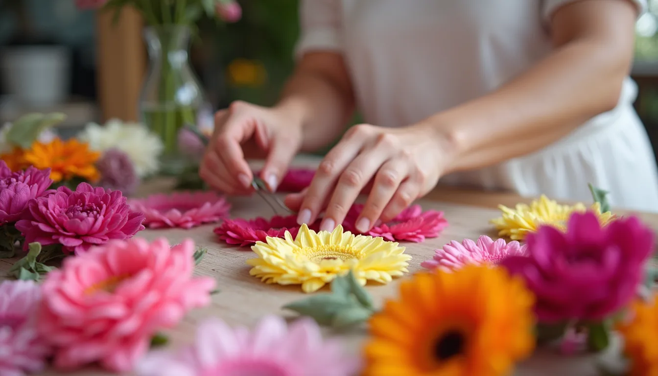 Close-up view of wedding planner’s hands arranging floral samples