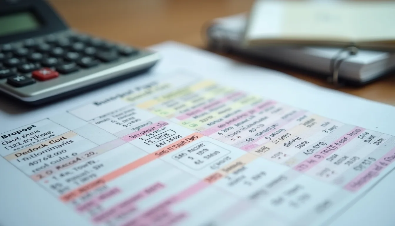 Close-up of a wedding budget spreadsheet with colorful notes and a calculator