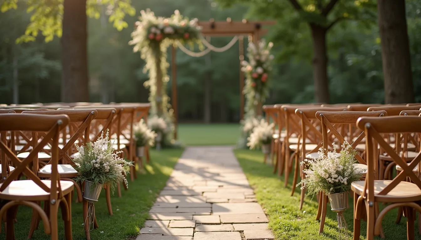 High angle view of a rustic outdoor wedding setup with wooden chairs and floral decorations