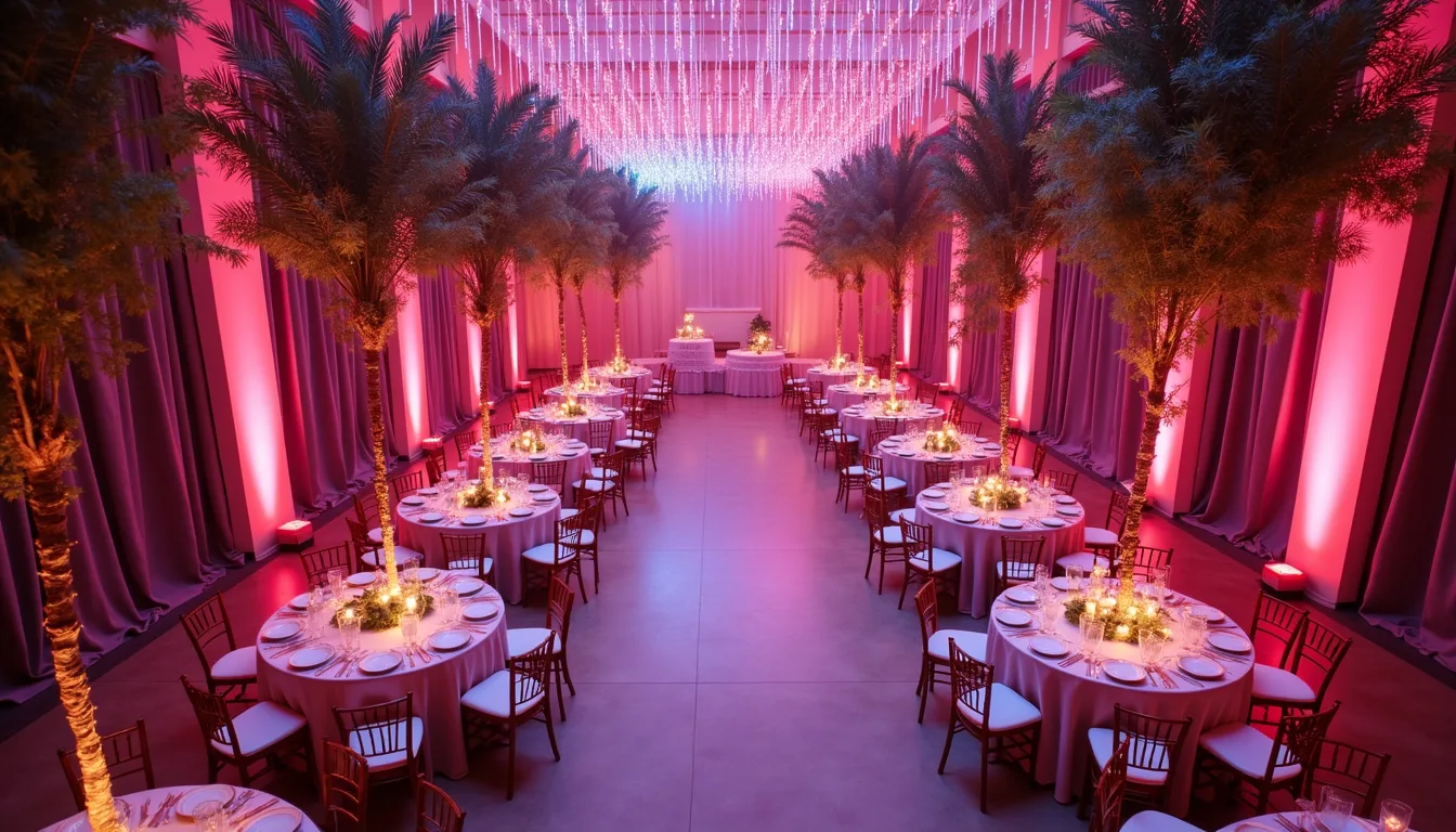 High angle view of a wedding reception with personalized decor and ambient lighting