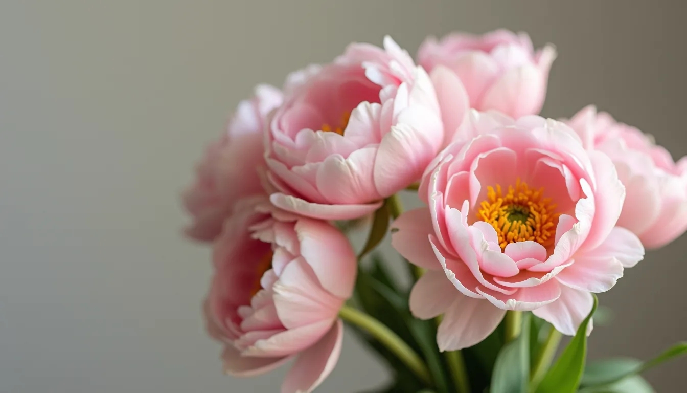 Close-up view of a bridal bouquet with peonies and tulips in soft pastel colors