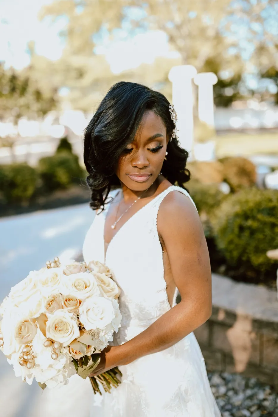 A bride in soft daylight before the ceremony