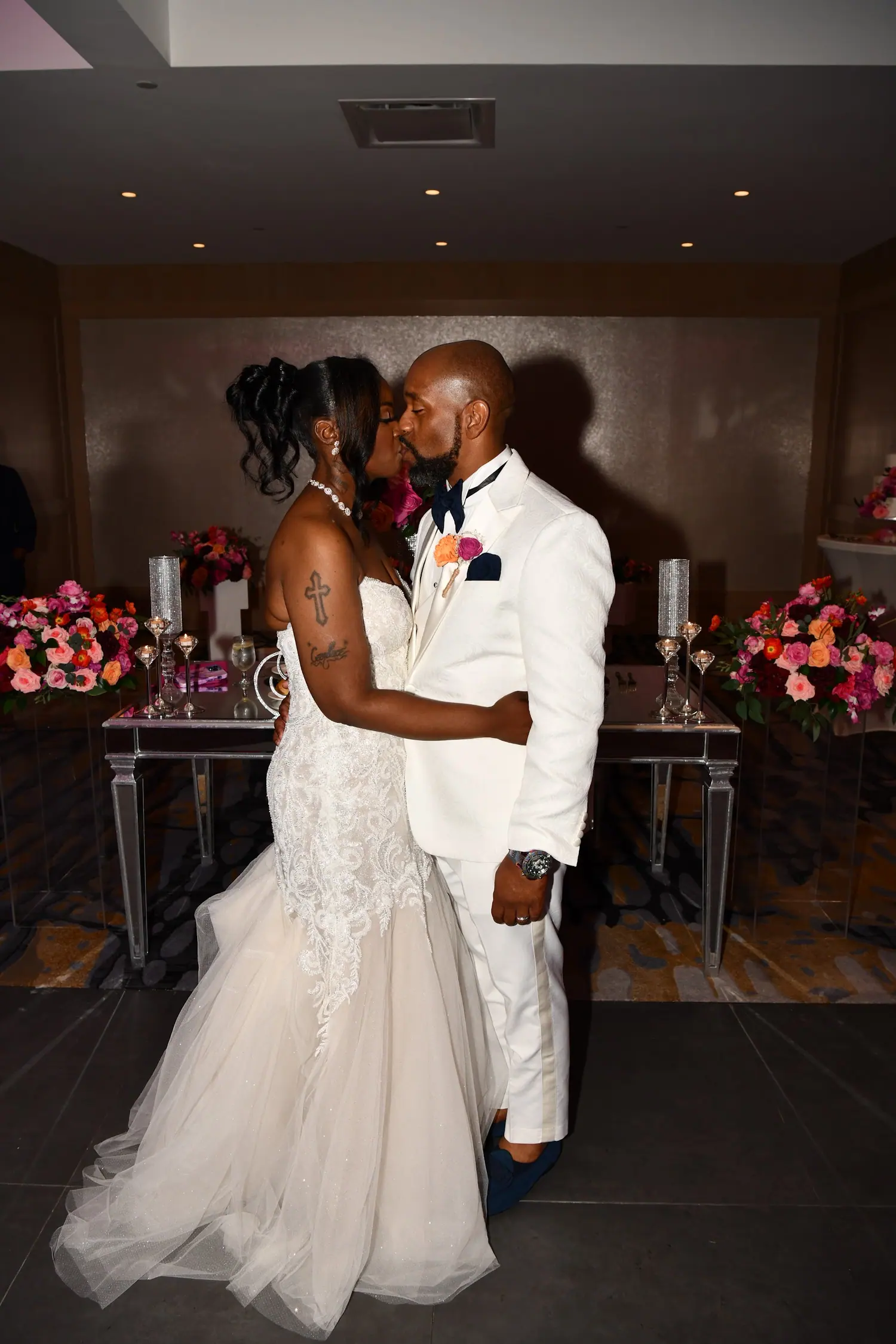 The couple's first dance under warm light